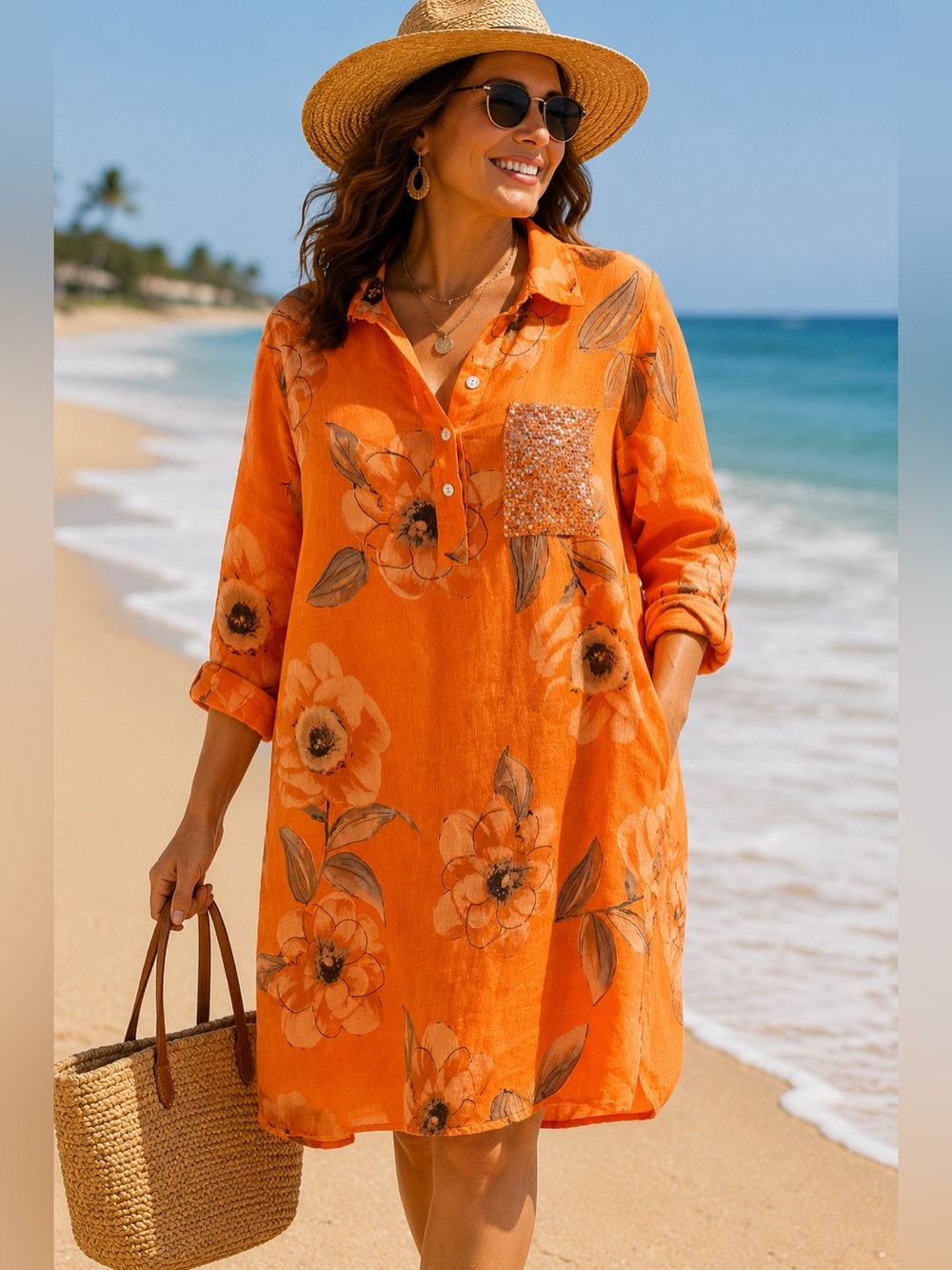 Women's Orange Floral Long Sleeve Shirt Dress with Sequin Pocket